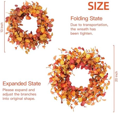 Artificial Fall Wreath 20’’ Autumn Front Door Wreath with Eucalyptus Leaves Berries Small Pumpkins Lantern Fruit, alternate