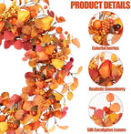 Artificial Fall Wreath 20’’ Autumn Front Door Wreath with Eucalyptus Leaves Berries Small Pumpkins Lantern Fruit, alternate