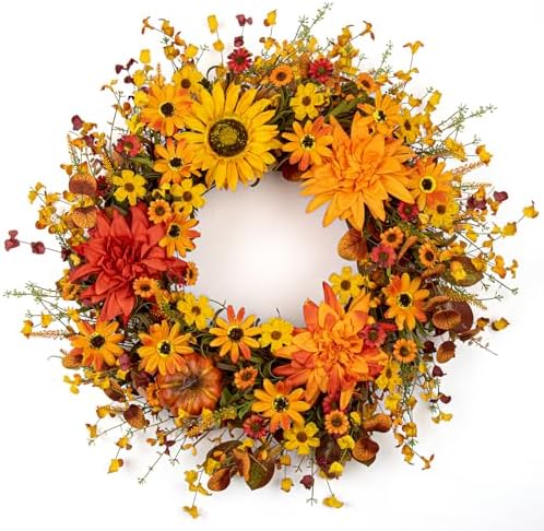 Artificial Fall Wreath 22 Inch Fall Wreaths for Front Door Autumn Flower Wreath with Sunflower Daisy Dahlia