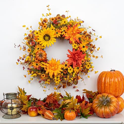 Artificial Fall Wreath 22 Inch Fall Wreaths for Front Door Autumn Flower Wreath with Sunflower Daisy Dahlia, alternate view 2
