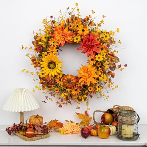 Artificial Fall Wreath 22 Inch Fall Wreaths for Front Door Autumn Flower Wreath with Sunflower Daisy Dahlia, alternate view 3