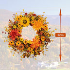 Artificial Fall Wreath 22 Inch Fall Wreaths for Front Door Autumn Flower Wreath with Sunflower Daisy Dahlia, alternate view 6