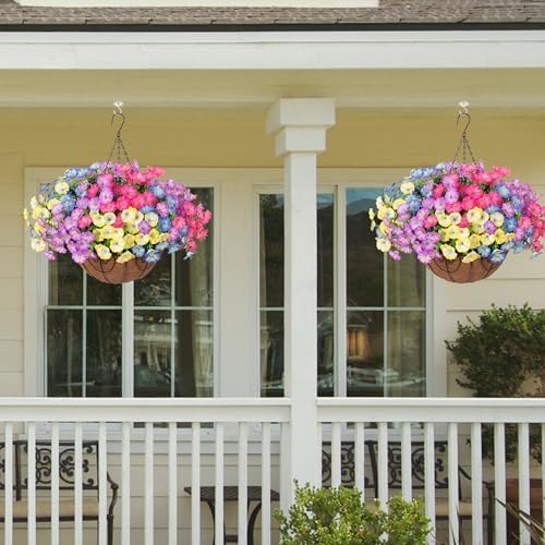 Artificial Faux Hanging Plants Flowers Basket for Outdoors Fall Decoration, Silk Morning Glory Eucalyptus Look, alternate