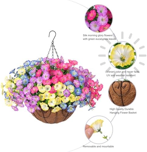 Artificial Faux Hanging Plants Flowers Basket for Outdoors Fall Decoration, Silk Morning Glory Eucalyptus Look, alternate