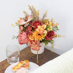 Artificial Flower Arrangement with Ceramic Vase and Gold Metal Stand, Orange and Terracotta Mixed Seasonal
