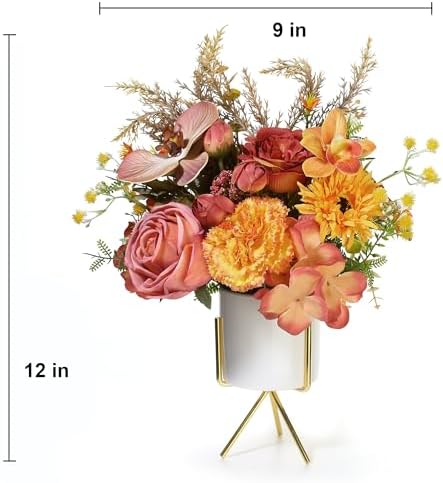 Artificial Flower Arrangement with Ceramic Vase and Gold Metal Stand, Orange and Terracotta Mixed Seasonal, alternate view 4