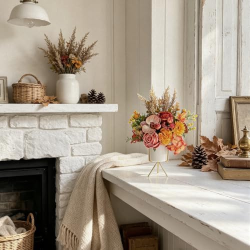 Artificial Flower Arrangement with Ceramic Vase and Gold Metal Stand, Orange and Terracotta Mixed Seasonal, alternate view 6