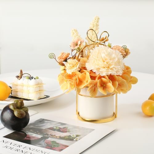 Artificial Flower Arrangement with Vase, Champagne Hydrangea Carnation in White Ceramic Pot with Gold Stand