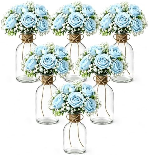 Artificial Flower Arrangements, Set of 6 Glass Bud Vases, Table Decorations