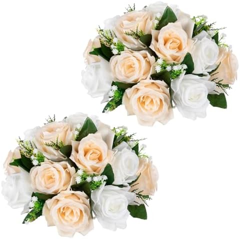 Artificial Flower Balls for Table Centerpieces - 2PCS 8.6" Silk Rose Floral Arrangement Fake Floral Bouquet for