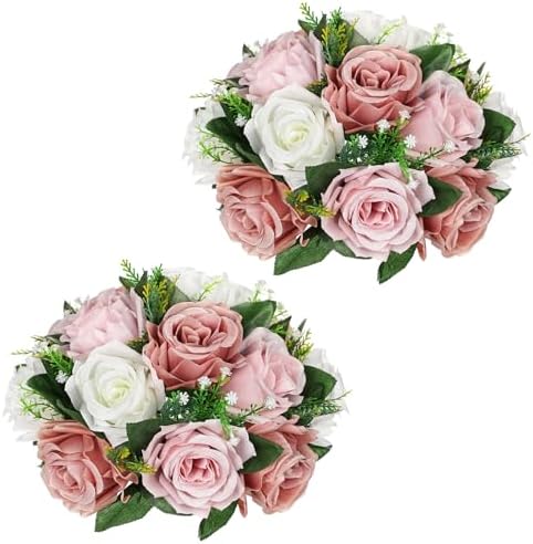 Artificial Flower Balls for Table Centerpieces - 2PCS 8.6" Silk Rose Floral Arrangement Fake Floral Bouquet for
