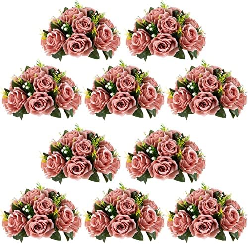 Artificial Flower Centrepieces for Tables - 10 Pcs Dusty Rose Fake Flowers Roses Balls 9.5in Diameter - Silk
