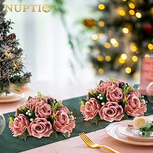 Artificial Flower Centrepieces for Tables - 10 Pcs Dusty Rose Fake Flowers Roses Balls 9.5in Diameter - Silk, alternate view