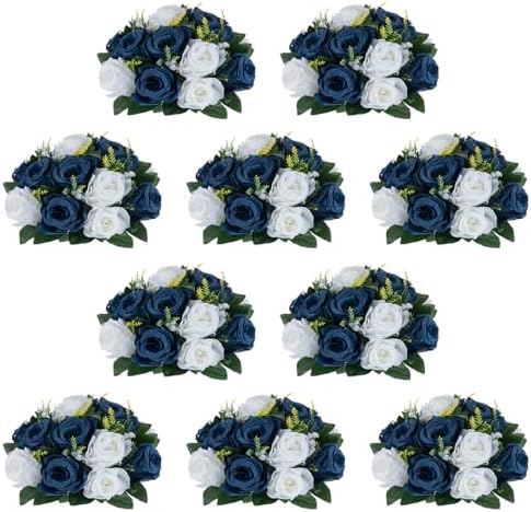 Artificial Flower Centrepieces for Tables - 10 Pcs Navy Blue & White Fake Flowers Roses Balls 9.5in Diameter