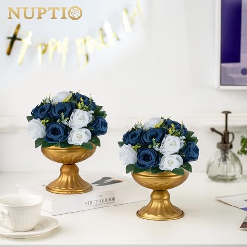 Artificial Flower Centrepieces for Tables - 10 Pcs Navy Blue & White Fake Flowers Roses Balls 9.5in Diameter, alternate view