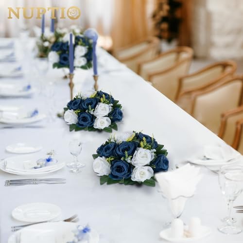 Artificial Flower Centrepieces for Tables - 10 Pcs Navy Blue & White Fake Flowers Roses Balls 9.5in Diameter, alternate view