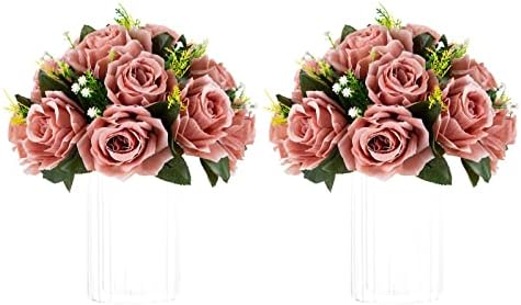 Artificial Flower Centrepieces for Tables - 2 Pcs Dusty Rose Fake Flowers Roses Balls 9.5in Diameter - Silk Faux