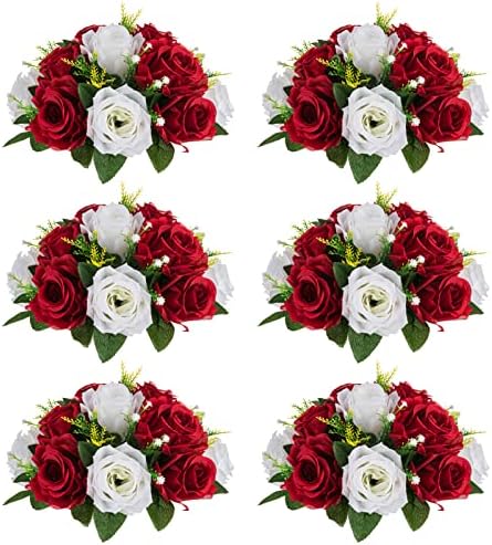 Artificial Flower Centrepieces for Tables - 6 Pcs Crimson & White Fake Flowers Roses Balls 9.5in Diameter - Silk