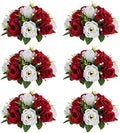 Artificial Flower Centrepieces for Tables - 6 Pcs Crimson & White Fake Flowers Roses Balls 9.5in Diameter - Silk