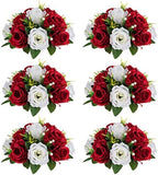 Artificial Flower Centrepieces for Tables - 6 Pcs Crimson & White Fake Flowers Roses Balls 9.5in Diameter - Silk