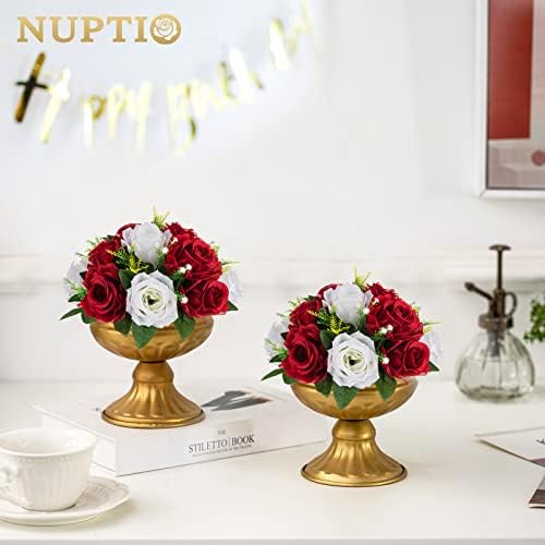 Artificial Flower Centrepieces for Tables - 6 Pcs Crimson & White Fake Flowers Roses Balls 9.5in Diameter - Silk, alternate