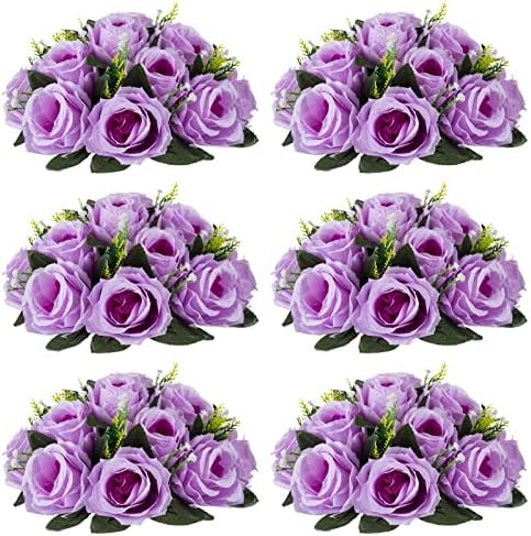 Artificial Flower Centrepieces for Tables - 6 Pcs Lilac Fake Flowers Roses Balls 9.5in Diameter - Silk Faux Rose