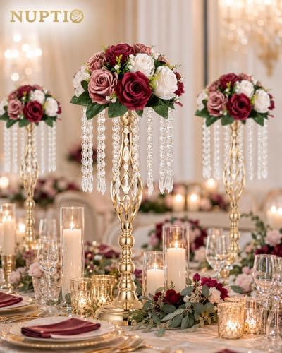 Artificial Flower Centrepieces for Tables: Fake Rose Balls, 2 Pcs in Burgundy & Dusty Rose & Creamy White, alternate view 2