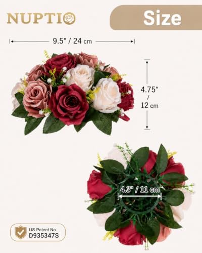 Artificial Flower Centrepieces for Tables: Fake Rose Balls, 2 Pcs in Burgundy & Dusty Rose & Creamy White, alternate view 3