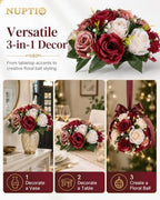 Artificial Flower Centrepieces for Tables: Fake Rose Balls, 2 Pcs in Burgundy & Dusty Rose & Creamy White, alternate view 4