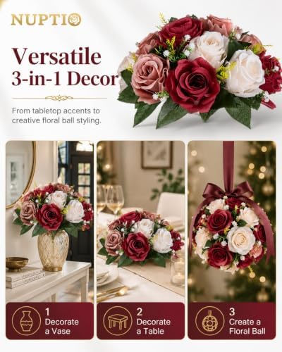 Artificial Flower Centrepieces for Tables: Fake Rose Balls, 2 Pcs in Burgundy & Dusty Rose & Creamy White, alternate view 4