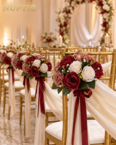 Artificial Flower Centrepieces for Tables: Fake Rose Balls, 2 Pcs in Burgundy & Dusty Rose & Creamy White, alternate view 5