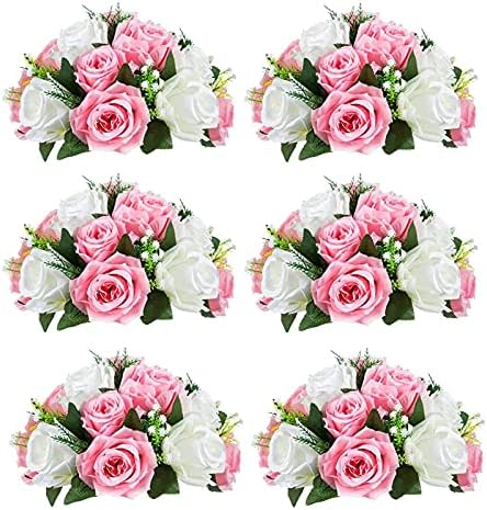 Artificial Flower Centrepieces for Tables, Pink & White, 6Pcs in White/Gold/Grey