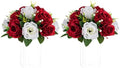 Artificial Flower Centrepieces for Wedding Tables, 2 Pcs Fake Roses in Crimson & White