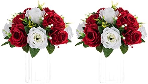 Artificial Flower Centrepieces for Wedding Tables, 2 Pcs Fake Roses in Crimson & White