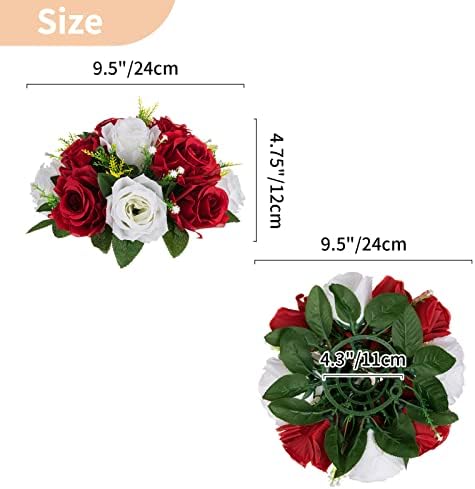 Artificial Flower Centrepieces for Wedding Tables, 2 Pcs Fake Roses in Crimson & White, alternate view 3