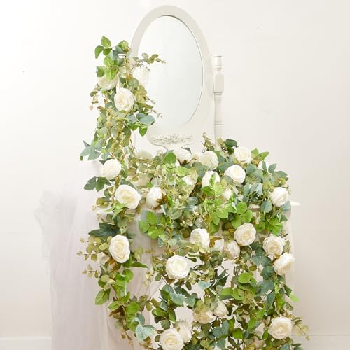 Artificial Flower Garland 2pcs 5.4ft Floral Peony Vine Decor, White Flower