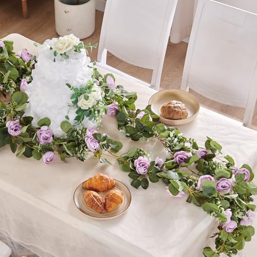 Artificial Flower Garland 2pcs 5.4ft Floral Rose Vine Decor, Purple Flower