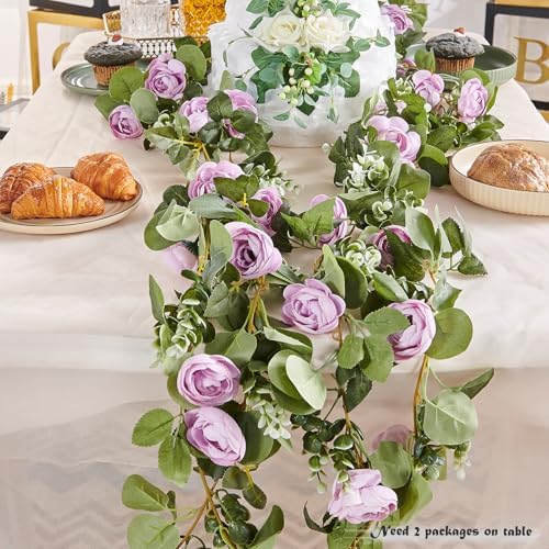 Artificial Flower Garland 2pcs 5.4ft Floral Rose Vine Decor, Purple Flower, alternate view 3