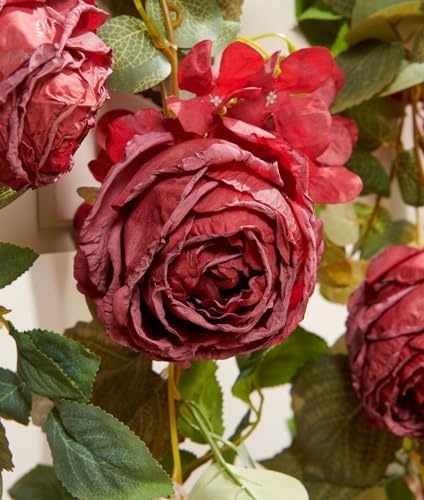 Artificial Flower Garland 2pcs 5.4ft Floral Rose Vine Decor, Red Flower, alternate view 3