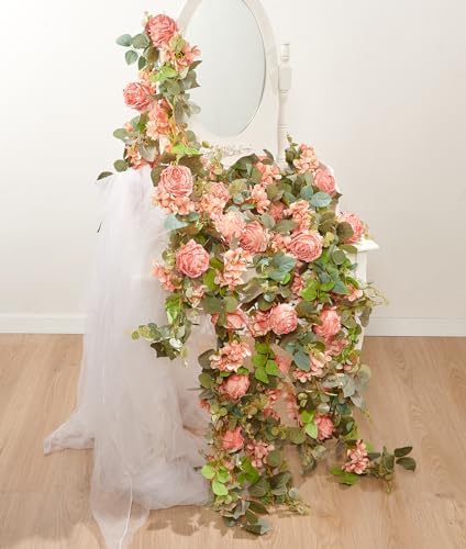 Artificial Flower Garland 2pcs 5.4ft Rose & Hydrangea Vine, Champagne Pink, alternate view 6
