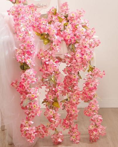 Artificial Flower Garland 2pcs 5.6ft Hydrangea Vine Decor, Dark Pink Flower
