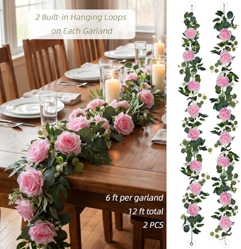 Artificial Flower Garland, Pink Rose Eucalyptus Vine, 2 Pack 12 ft Total, 6 ft Each, for Wedding Arch, Bridal, alternate view