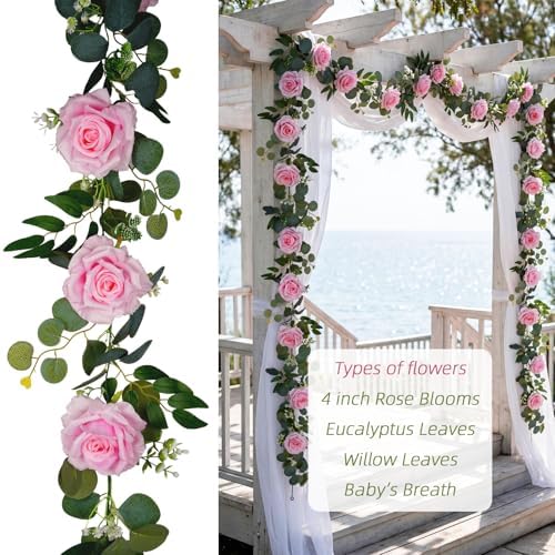 Artificial Flower Garland, Pink Rose Eucalyptus Vine, 2 Pack 12 ft Total, 6 ft Each, for Wedding Arch, Bridal, alternate view