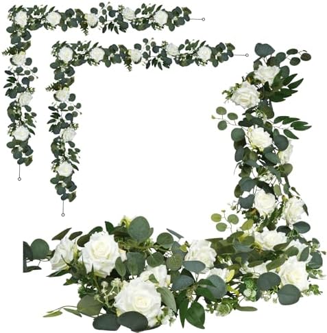 Artificial Flower Garland, White Rose Eucalyptus Vine, 2 Pack 12 ft Total, 6 ft Each, for Wedding Arch, Bridal