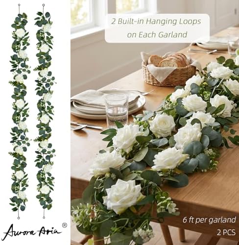 Artificial Flower Garland, White Rose Eucalyptus Vine, 2 Pack 12 ft Total, 6 ft Each, for Wedding Arch, Bridal, alternate
