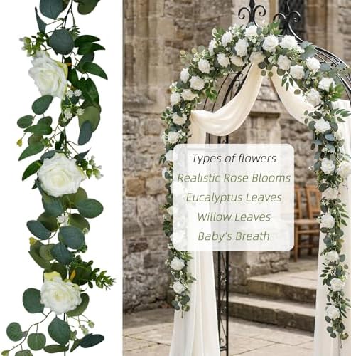 Artificial Flower Garland, White Rose Eucalyptus Vine, 2 Pack 12 ft Total, 6 ft Each, for Wedding Arch, Bridal, alternate