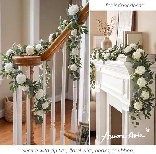 Artificial Flower Garland, White Rose Eucalyptus Vine, 2 Pack 12 ft Total, 6 ft Each, for Wedding Arch, Bridal, alternate