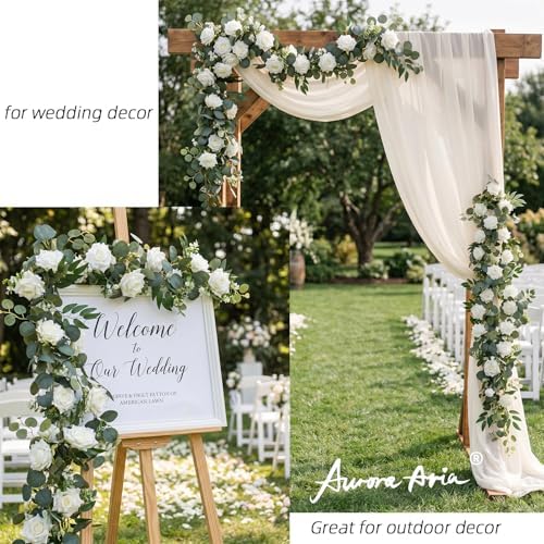 Artificial Flower Garland, White Rose Eucalyptus Vine, 2 Pack 12 ft Total, 6 ft Each, for Wedding Arch, Bridal, alternate