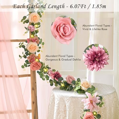 Artificial Flower Garland with Lights, 6.07Ft Lighted Eucalyptus Greenery Garland, Pink Rose Floral Vines for, alternate view