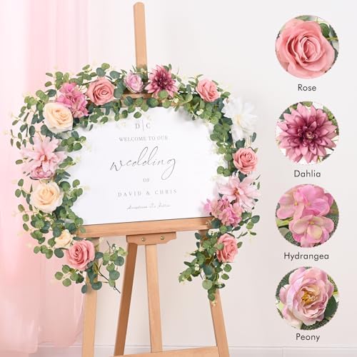Artificial Flower Garland with Lights, 6.07Ft Lighted Eucalyptus Greenery Garland, Pink Rose Floral Vines for, alternate view